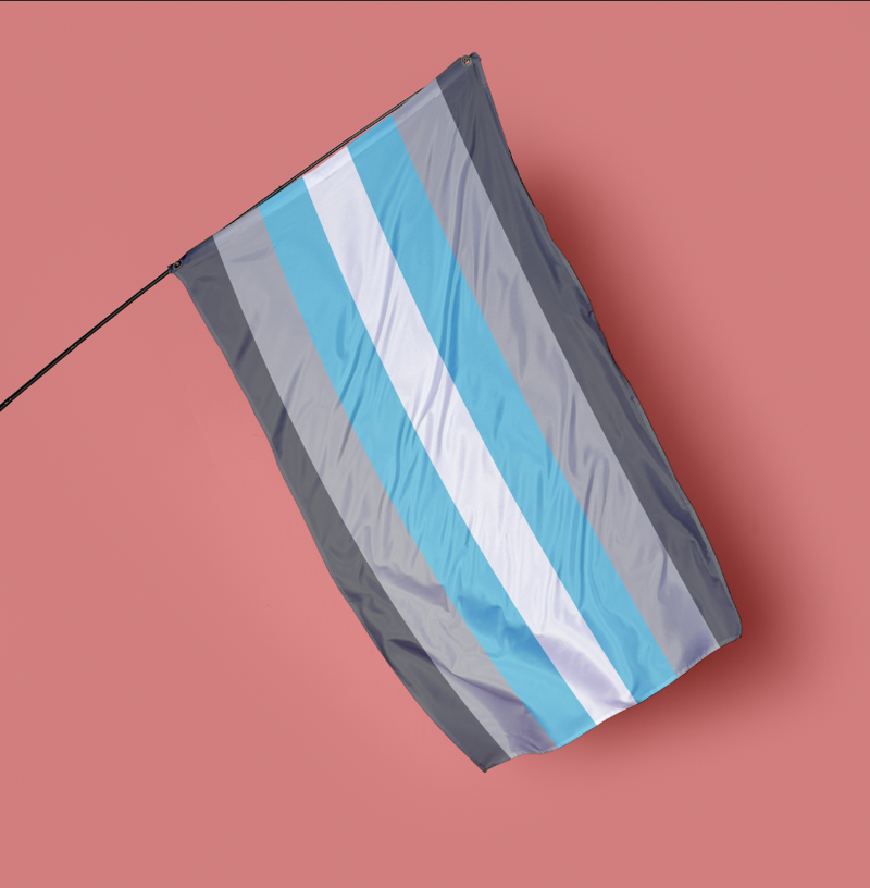 Demiboy pride flag, featuring dark grey, light grey, baby blue and white horizontal stripes, on a pink background.